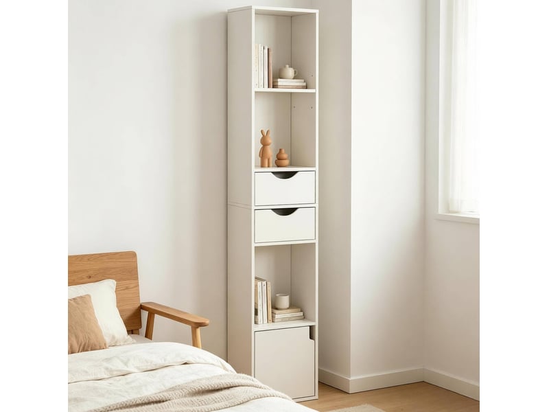  Bibliothèque 30x157,5x24 cm avec 3 compartiments, 2 tiroirs et 1 porte bois blanc  - Conforama E