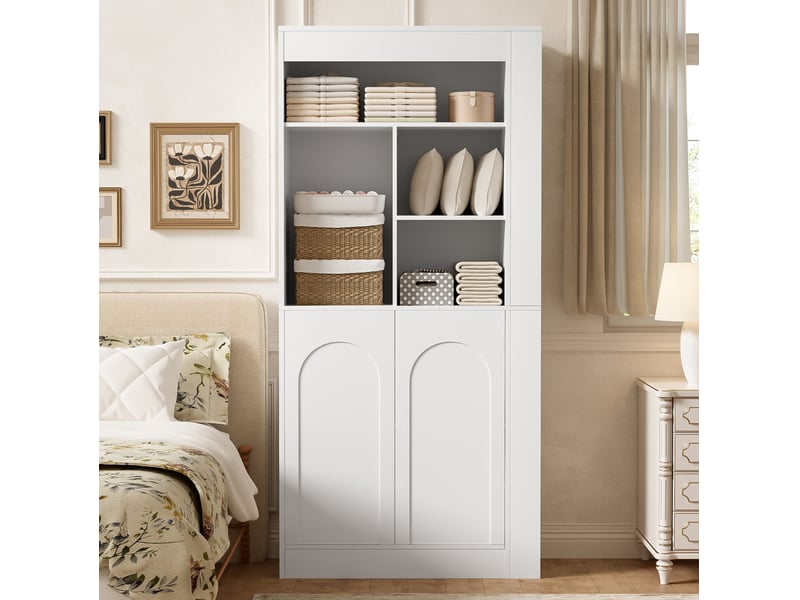  Armoire de rangement 85x35x180 cm avec étagères ouvertes et 2 portes blanche  - Conforama E