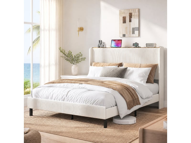  Lit 2 places, 160x200 cm, structure de lit, sommier, espace nuit, matelas non inclus, métal, coloris beige et crème  - Conforama B