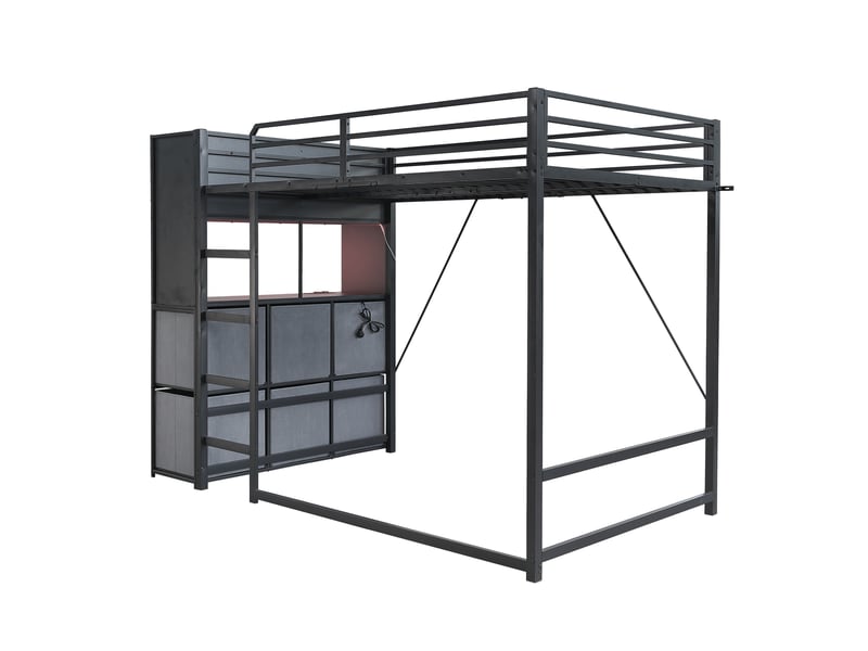  Lit mezzanine en métal noir 120 x 200 cm avec échelle, rangements latéraux, tiroirs en tissu, étagère ouverte, éclairage et station de recharge.  - Conforama E