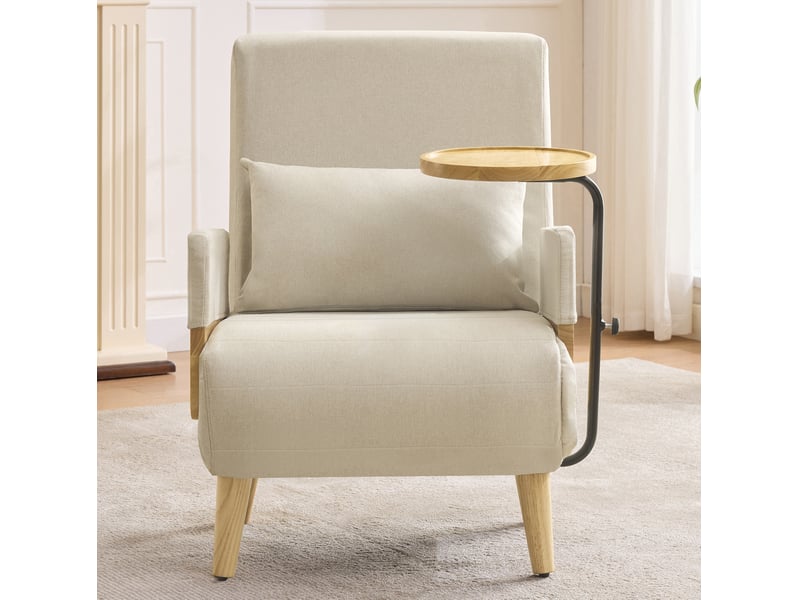 Fauteuil convertible 1 place avec dossier réglable et tablette pivotante en tissu beige - Conforama D