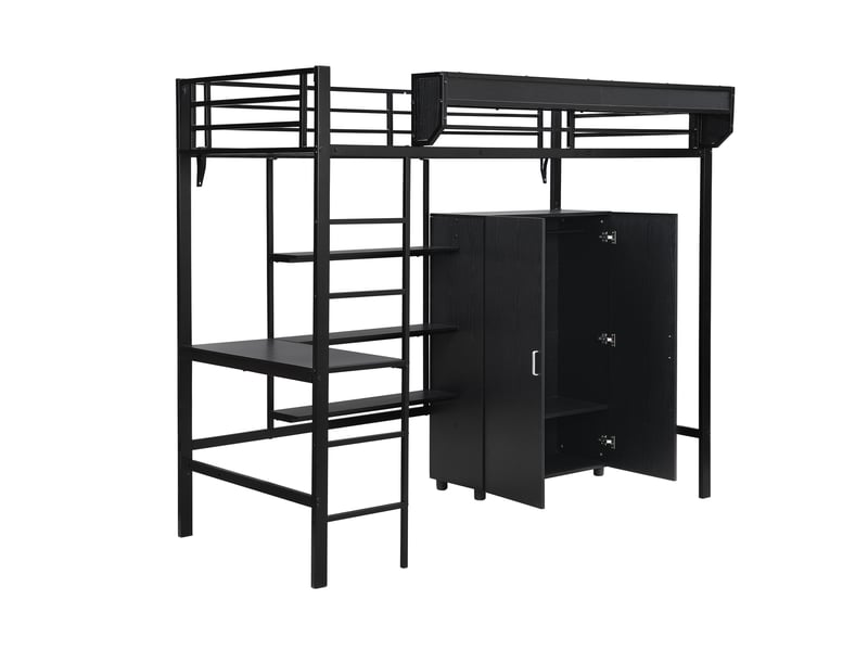  Lit superposé en fer, idéal pour enfants et adolescents, avec table et armoire, nombreux rangements, échelle à 5 marches, fer et panneaux de particules, noir, 90 x 200 cm  - Conforama D