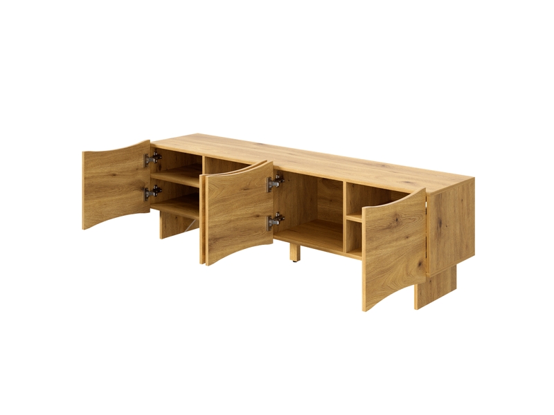  Meuble tv moderne motif vague 155 cm - 4 portes passe-câbles intégré aspect bois naturel  - Conforama W