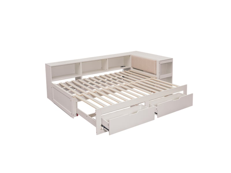 Lit 3-en-1 en l: bureau, rangement et couchage – boismdf, sommier à lattes, tiroirs sous-lit, étagères, tête rembourrée - Conforama A