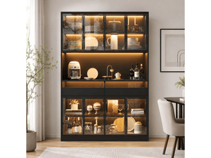 Vitrine led 120x40x180 cm avec 8 portes et 2 tiroirs, vitrine en verre trempé gris avec niche ouverte, meuble de rangement moderne, noir