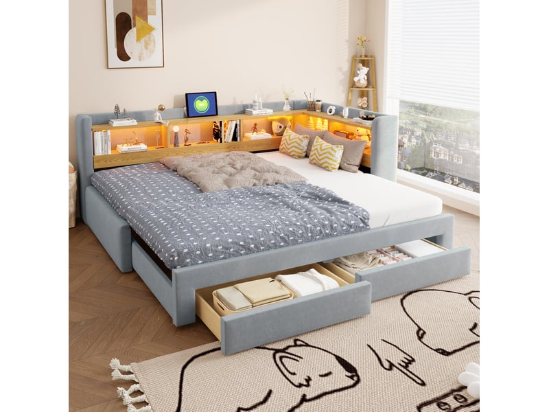  Lit gigogne 90x200 cm extensible avec led et prise en mdf et métal couleur gris sans matelas, design moderne  - Conforama B
