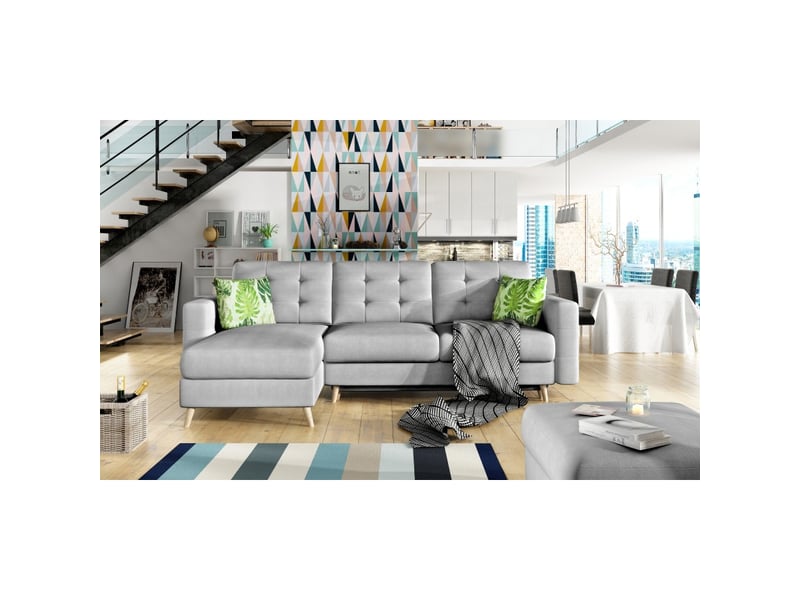  Canapé d'angle convertible hasgard 3 places gris 248x162 cm – coffre et pieds bois  - Conforama D