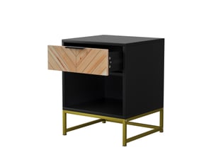 Table de chevet moderne 43x40x55 cm, 1 tiroir, 1 niche, meuble de chambre, pieds métal, mdf noir et naturel, moderne