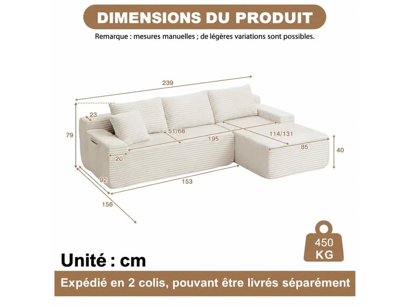  Canapé d’angle modulaire en velours, canapé bas haut de gamme, rembourré mousse, droite, chambresalon, 79x239x156 cm, beige  - Conforama C