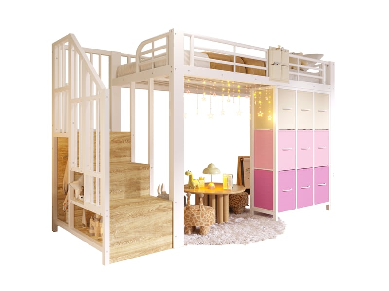  Elvmi lit mezzanine 90x200 cm en métal et mdf blanc, avec escalier de rangement, commode à tiroirs, penderie intégrée, garde-corps et poche textile, espace inférieur polyvalent, sommier inclus, sans matelas  - Conforama D