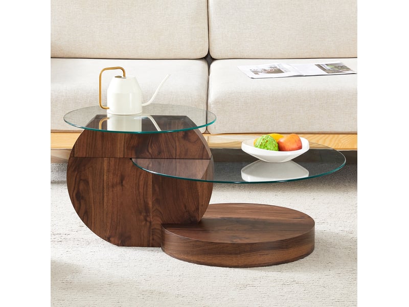  Table basse avec plateaux à plusieurs niveaux et verre trempé, style moderne, en mdf et verre, transparent noyer  - Conforama C