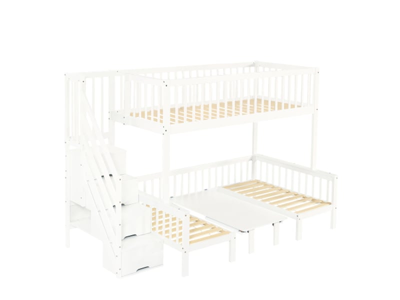  Lit superposé enfant 90x200 cm et 120x200 cm, table réglable, escalier de rangement, barrières de sécurité, en bois, sans matelas, blanc  - Conforama E