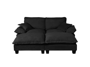 Canapé d'angle modulable chenille noir, canapé cloud design avec 2 ottomans et coussins, structure bois stable pour salon