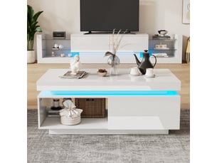 Table basse laquée moderne 100cm - éclairage led, 1 tiroir de rangement.