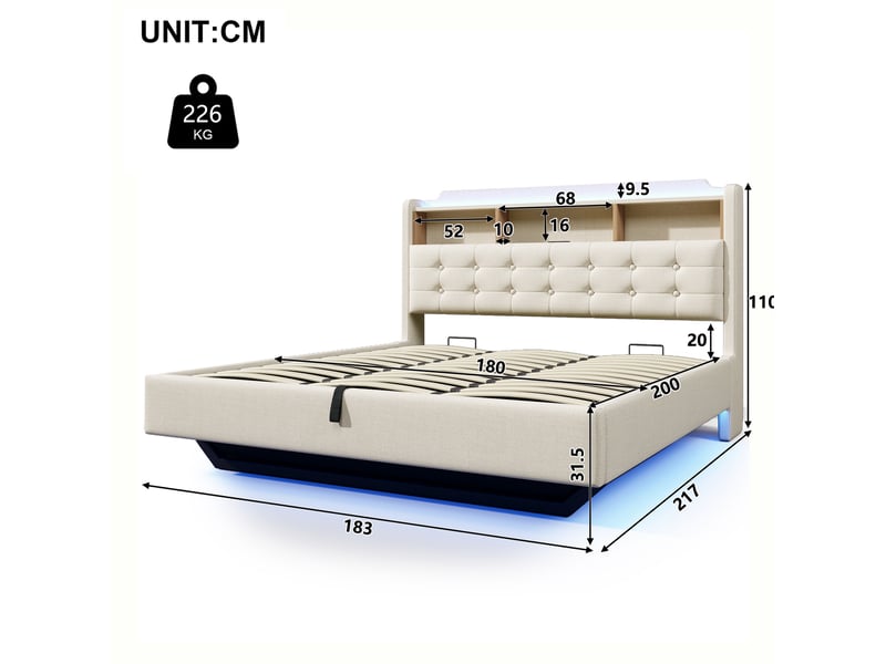 Lit avec led 180 × 200 cm 2 places avec coffre hydraulique, usb, type-c et rangement, sans matelas, beige - Conforama D