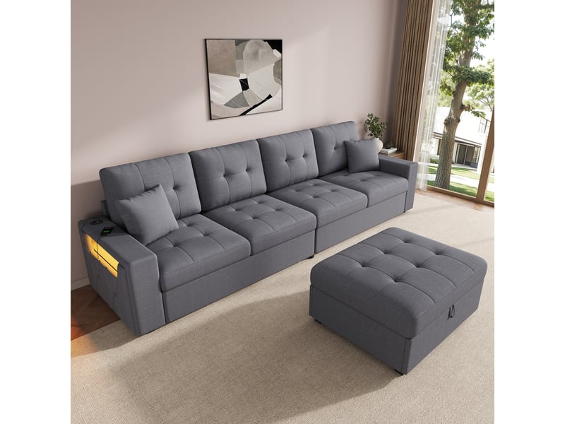 Canapé en l modulable,253x144,5x80,7 cm,4 places avec rangement,tissu lin,gris antique  - Conforama B