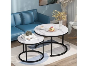 Table basse gigogne ronde avec 2 plateaux, structure métallique, style moderne, pour salon, finition marbre blanc