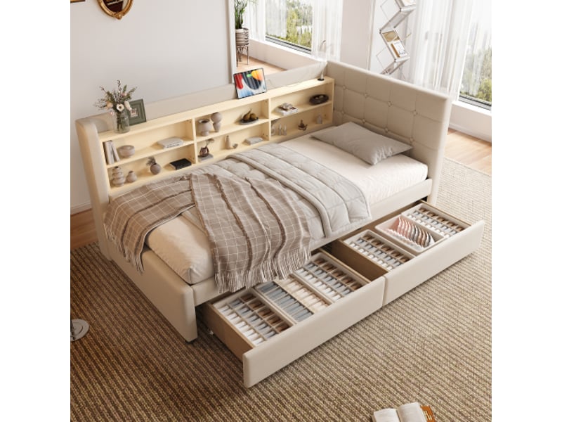  Lit avec rangement rembourré 90x200cm coloris beige lin lit enfant beige - Conforama E