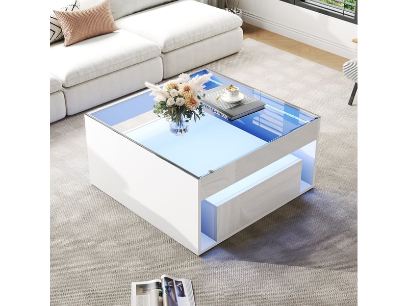  Table basse avec 2 tiroirs, niche ouverte et led, pour salon, 70 × 70 × 35 cm, en mdf et verre trempé, blanc  - Conforama C