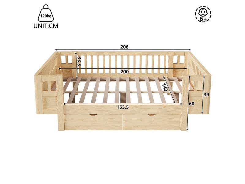 Lit enfant 140 x 200 cm, lit plateforme en bois massif naturel avec haut garde-corps, 2 grands tiroirs, style scandinave, gain de place  - Conforama E