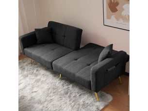 Canapé droit convertible 2 places gris foncé en tissu bouclette, dossier réglable et poches latérales pour invités