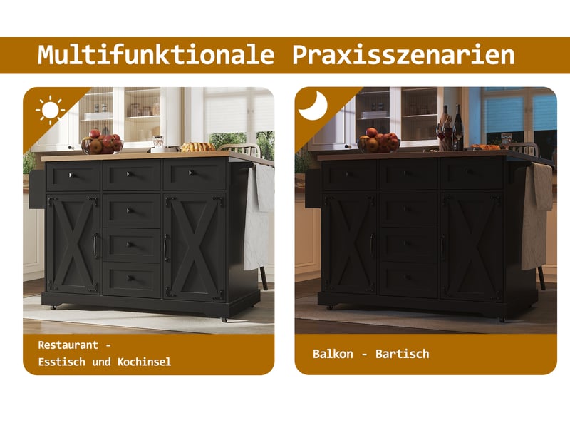  Desserte de cuisine pliante avec plateau bois noir, rangements intégrés et roulettes – mobile et pratique  - Conforama E