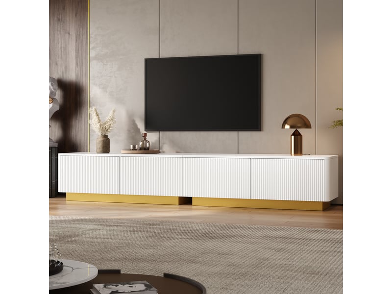  Meuble tv avec portes et tiroirs, 200 x 40 x 35 cm, façades à rainures verticales et passages de câbles à l’arrière, mdf, blanc Morn Vibe - Conforama B