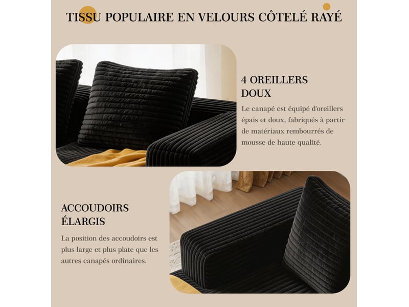  Canapé d'angle modulable modenvie 4 places avec méridienne en velours côtelé noir 261 x 168 x 58 cm  - Conforama E