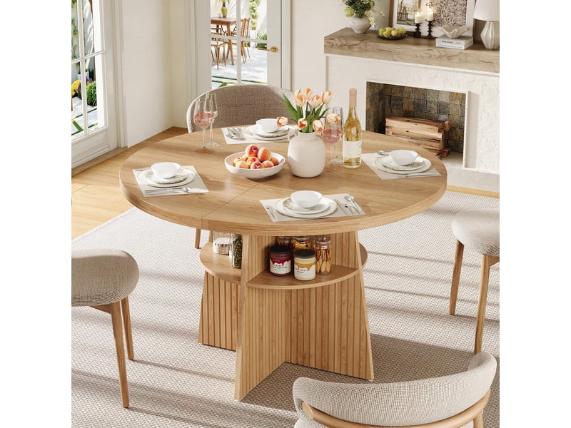 Table à manger extensible - 110 x 110 x 77.5 cm - table de cuisine 2-8 personnes avec étagère de rangement - bois naturel - Conforama C