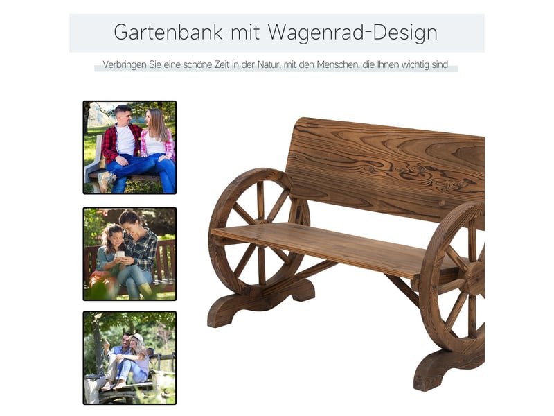  Banc de jardin 2 places 110x60x80, accoudoirs design roue de chariot banc d'extérieur, bois massif, 250 kg, brun  - Conforama C