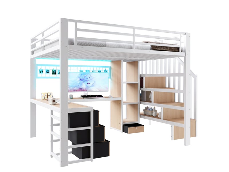 Lit mezzanine fer 140x200 cm blanc compartiment rangement 4 tiroirs grille suspendre led bureau escalier rangement sans matelas - Conforama A