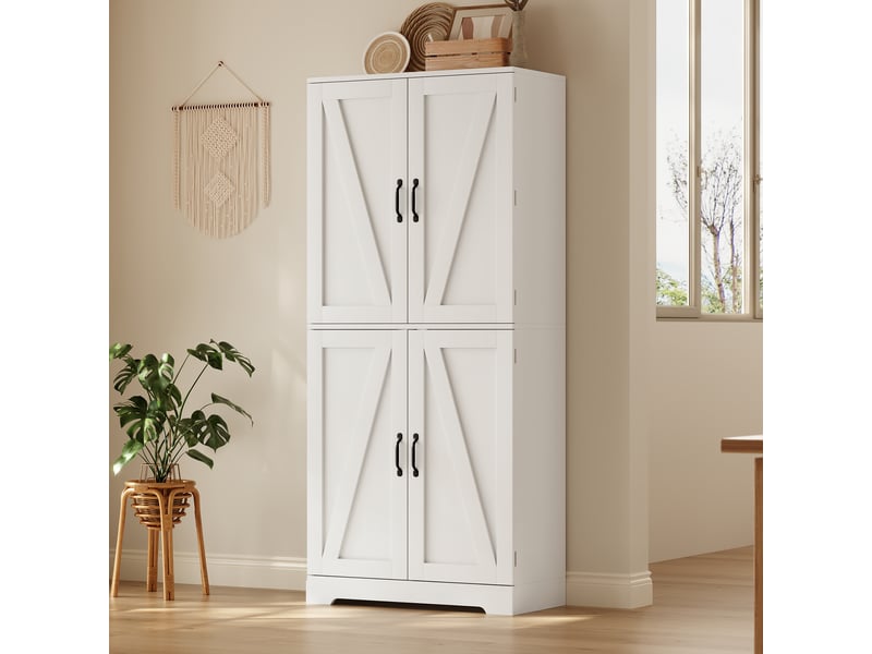  Buffet haut de cuisine 80x40x178 cm, 4 portes style grange, étagères réglables, porte-bouteilles, rangements de porte, anti-basculement, blanc  - Conforama C