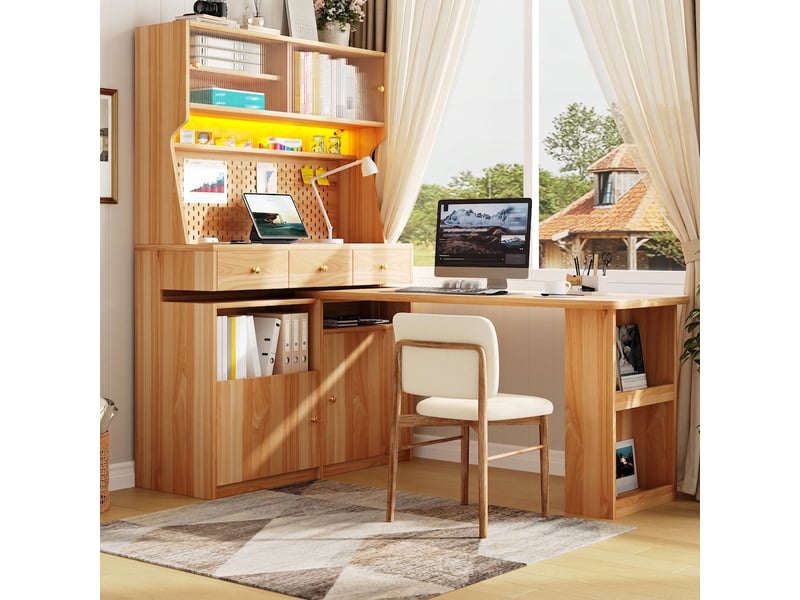  Armoire haute multifonction avec bureau et table de bar, led et portes en verre, 137x74x177,7 cm  - Conforama B