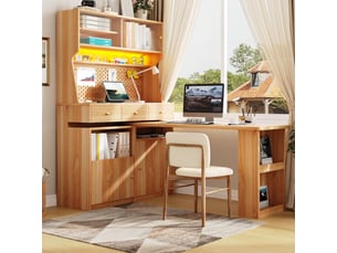 Armoire haute multifonction avec bureau et table de bar, led et portes en verre, 137x74x177,7 cm