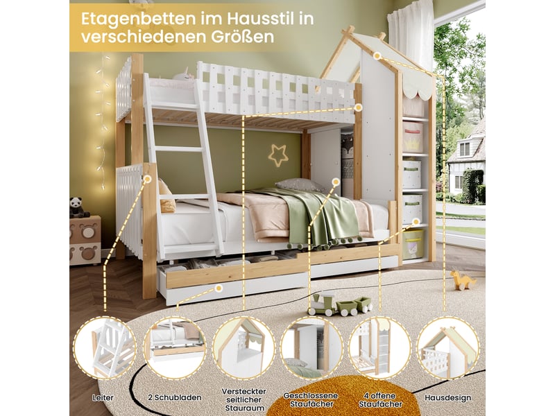  Lit superposé 90x200 et 140x200, lit cabane avec toit et 2 tiroirs, en bois blanc et naturel, barrière de sécurité pour enfant  - Conforama W