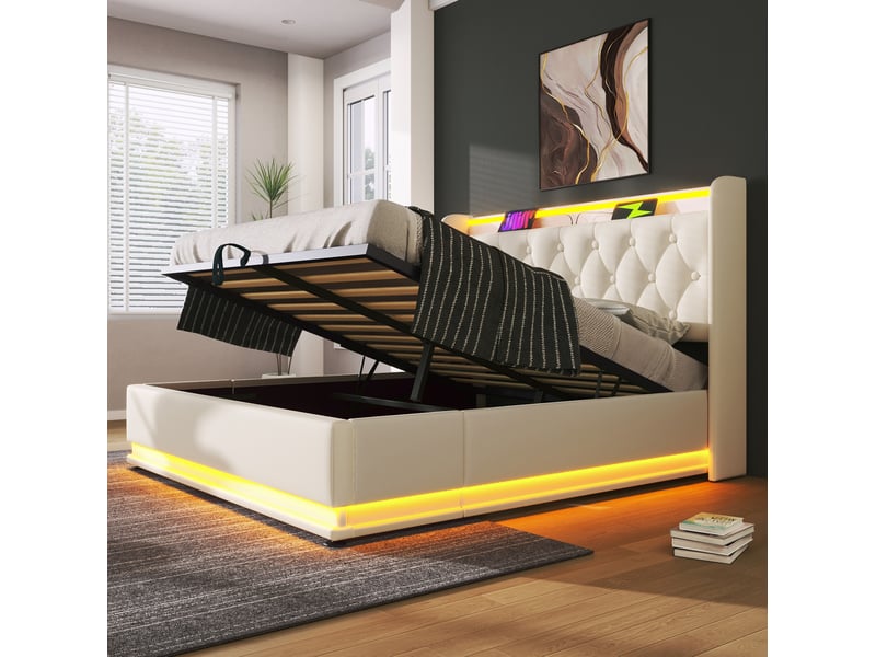  Lit double coffre hydraulique 140x190 cm led 360°, usb-c, tête de lit blanche  - Conforama E