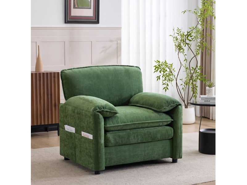  Fauteuil 1 place rétro vert en chenille avec poches de rangement latérales evryae  - Conforama B