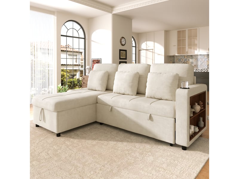  Canapé d’angle convertible en lit 201,3 cm 3 places avec méridienne coffre, porte-gobelet, étagère 2 niveaux, poches latérales, chenille beige  - Conforama B