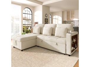 Canapé d'angle droit convertible <strong></strong> <strong></strong> 3 places Tissu beige avec coffre de rangement