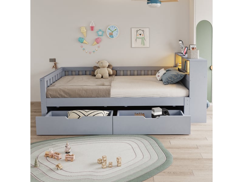 Lit avec rangement 90x200 cm coloris gris led bois massif  - Conforama D