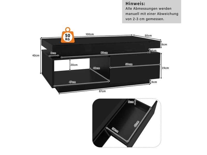  Table basse 100x50x40,3 cm avec led et tiroir panneau de particules noire  - Conforama E