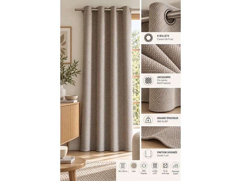 Rideau atlas galet 140 x 240 cm jacquard fils teints 8 œillets 460 gm² 15683 - Conforama B