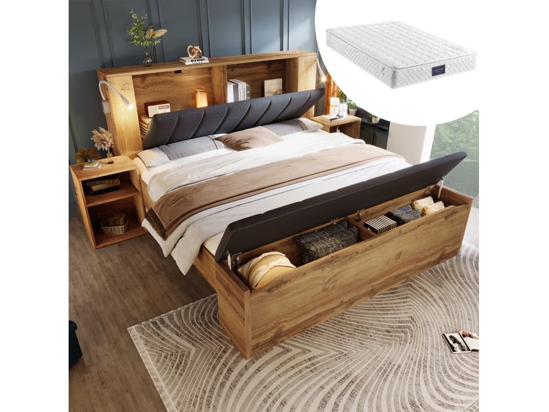  Lit 160x200 avec rangement, chevets, banc coffre et matelas evryae  - Conforama B