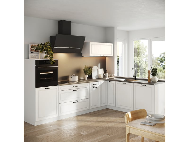  Vicco cuisine en angle, blanc campagneblanc, 287 x cm plan de travail chêne doré  - Conforama C