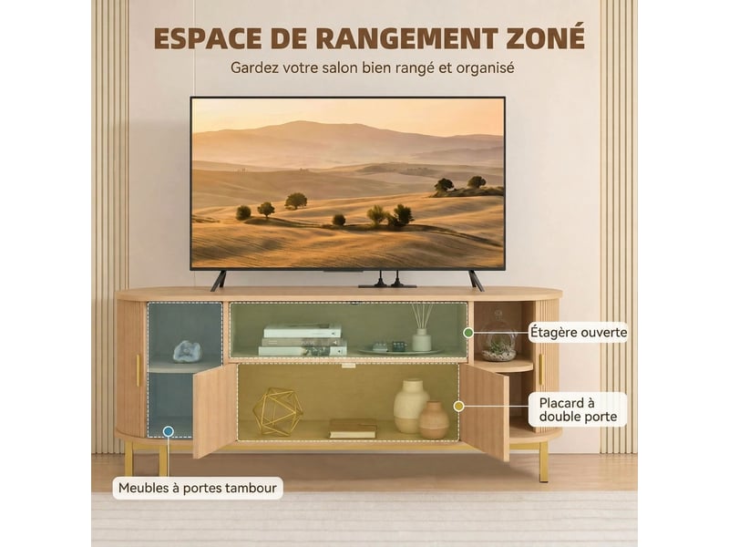  Meuble tv avec 2 prises, usb et type-c, portes coulissantes et battantes, effet chêne clair, 140 x 40 x 55 cm  - Conforama D