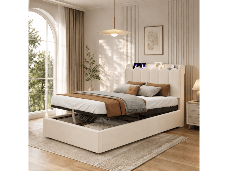  Lit coffre rembourré 90x200 cm coloris beige velours  - Conforama D