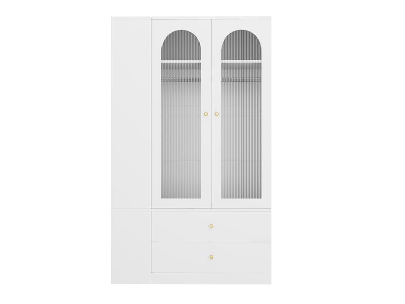  Armoire de rangement 120 x 50 x 200 cm – blanche – 4 tiroirs, portes en verre strié et étagères ouvertes  - Conforama D