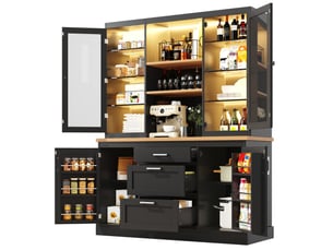 Armoire de cuisine avec éclairage led contrôlé par application 185x140x40cm 3 tiroirs plan de travail étagères réglables noir