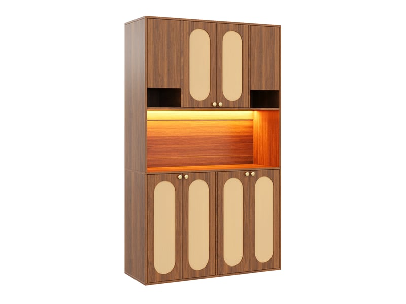  Buffet haut 8 portes avec éclairage led et rotin pe naturel 106x40x178 cm GL75345D - Conforama B