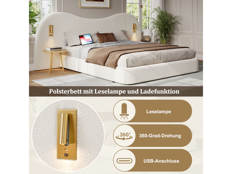 Lit coffre double 180 x 200 cm avec lampes de lecture et usb, lit rembourré, structure anti-glissement, structure stable, bouclé, blanc Morn Vibe - Conforama E